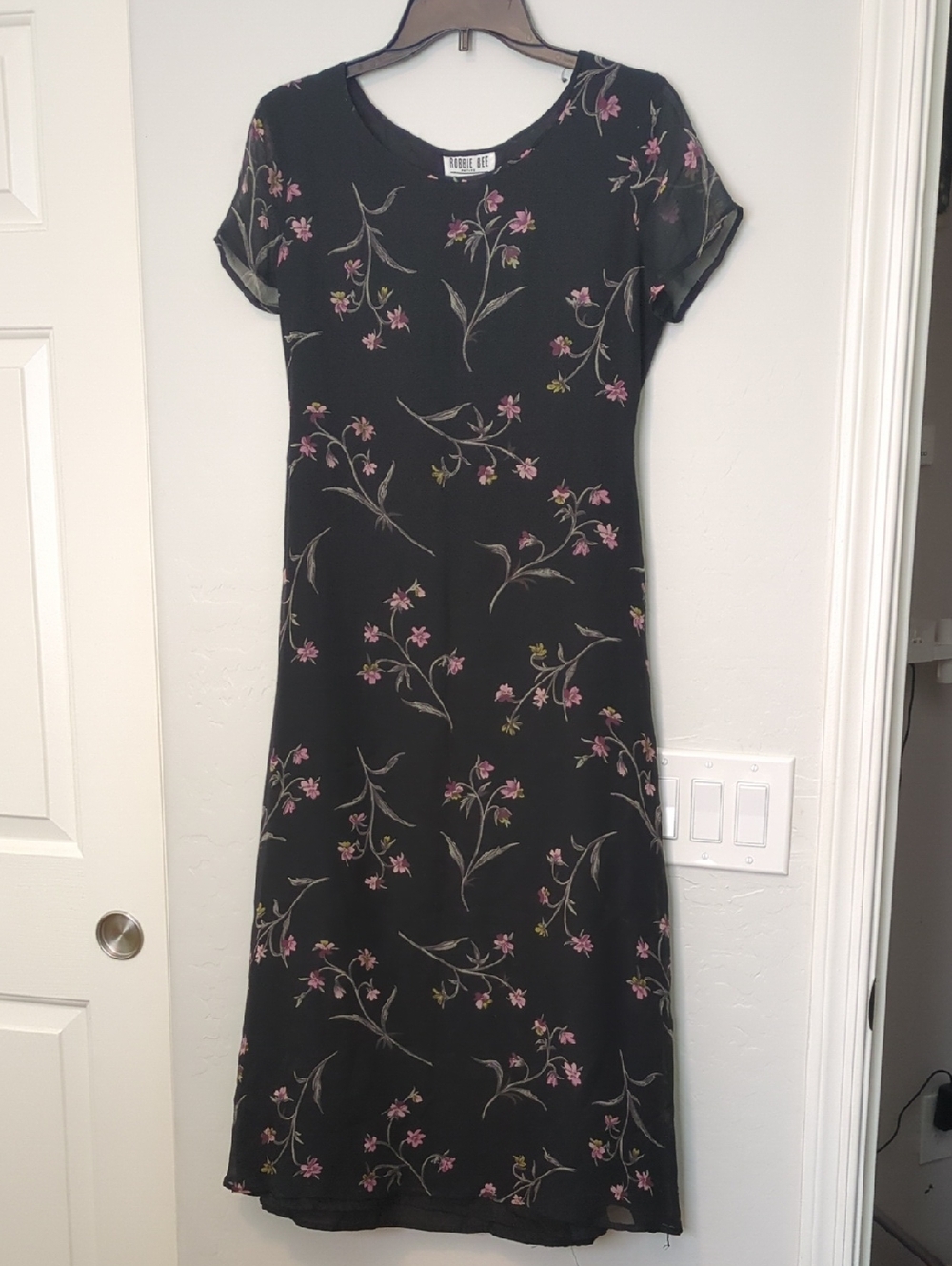 Vintage Robbie Bee Black Silk Midi Dress with Pink Floral Print